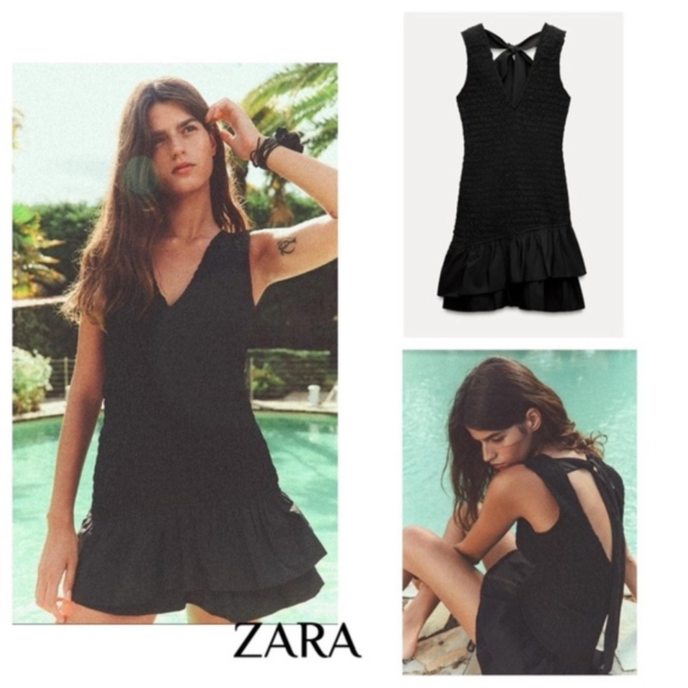 Zara black poplin mini dress with ruffles sz Large